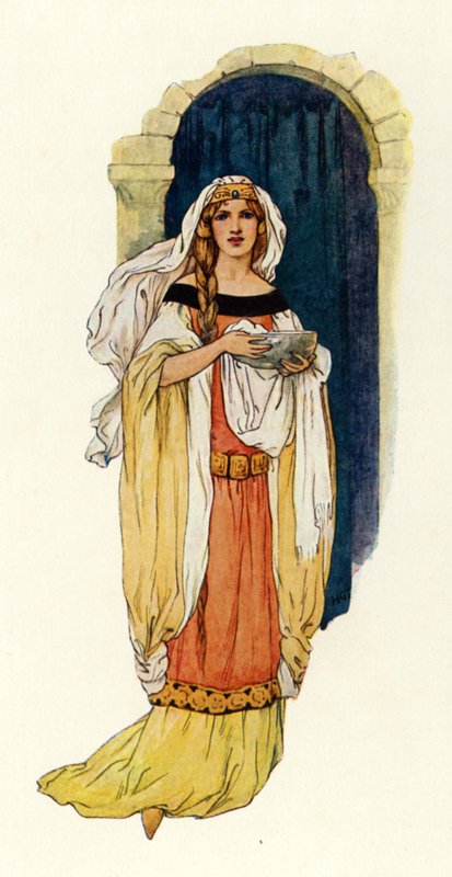 La princesa Ginebra trayendo agua en una jofaina de plata (litografía en color) de Harry George Theaker