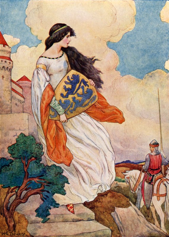 La princesa Iseult con el escudo de Sir Tristram de Lyonesse (litografía en color) de Harry George Theaker
