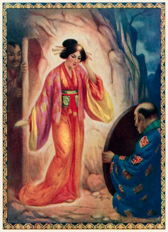 La diosa del Sol se mira en el espejo (litografía en color) de Harry George Theaker