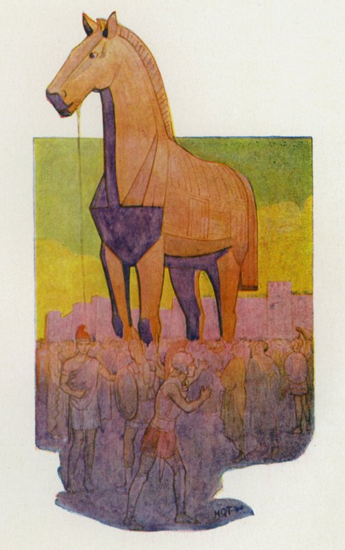 El Caballo de Troya (litografía en color) de Harry George Theaker