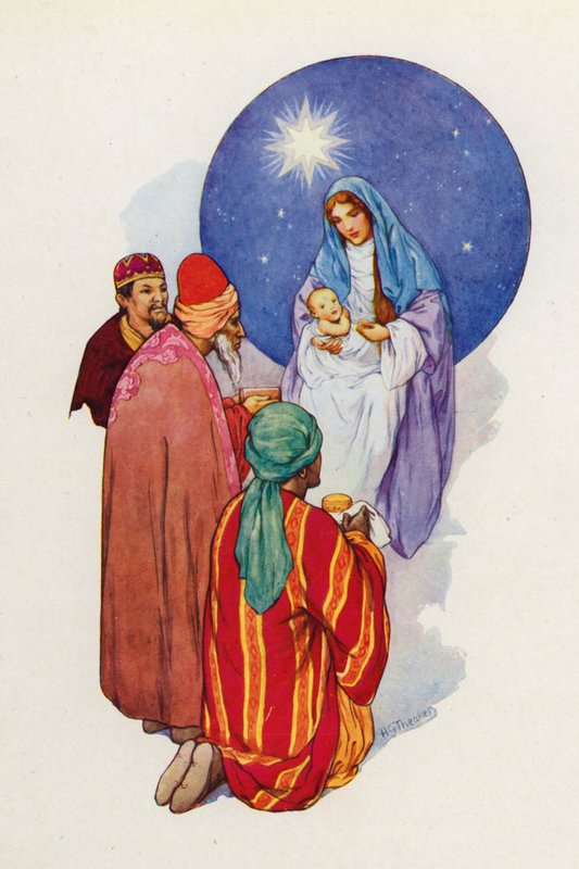 Los Magos vieron al niño con María, su madre, y postrándose lo adoraron (litografía en color) de Harry George Theaker