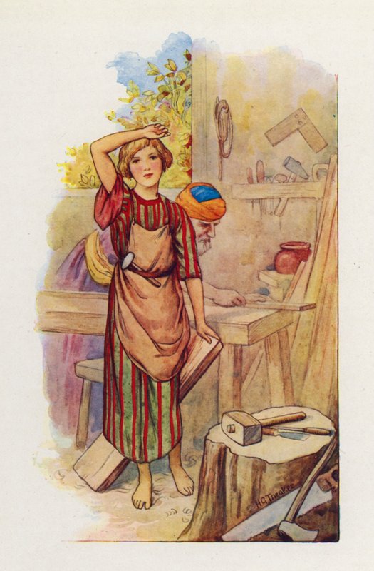 El niño Jesús comenzó a aprender el trabajo de carpintero (litografía en color) de Harry George Theaker