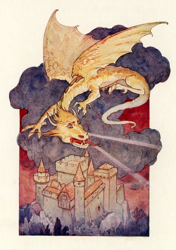 "El dragón desplegó sus alas y quedó suspendido, inmóvil, sobre el castillo" (litografía en color) de Harry George Theaker