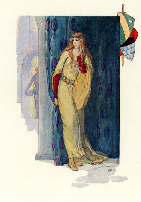 La rosa doncella muda escondiéndose tras una cortina (litografía en color) de Harry George Theaker