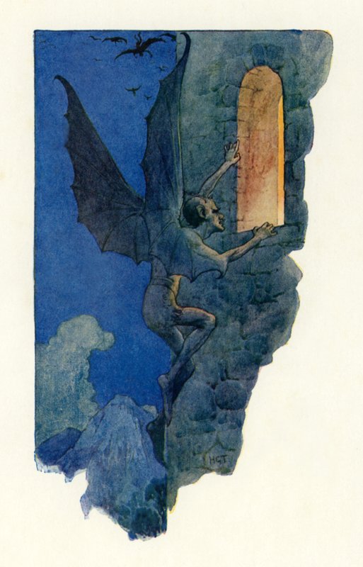 El hombre hada se coló por la ventana abierta (litografía en color) de Harry George Theaker