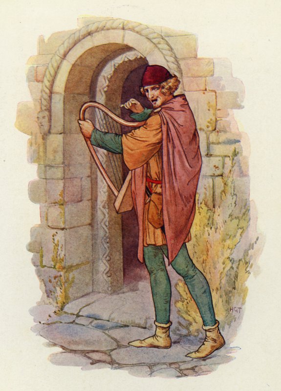 La fama de Robin Hood se extendió por todos los condados de Midland, incluso hasta el mismo Londres, y las baladas de sus hazañas comenzaron a cantarse (litografía en color). de Harry George Theaker