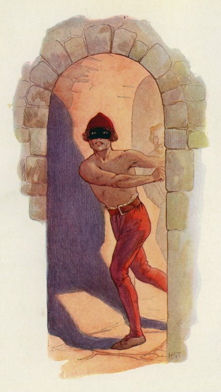 El primero de ellos estaba desnudo de cintura para arriba y llevaba una máscara negra (litografía en color) de Harry George Theaker