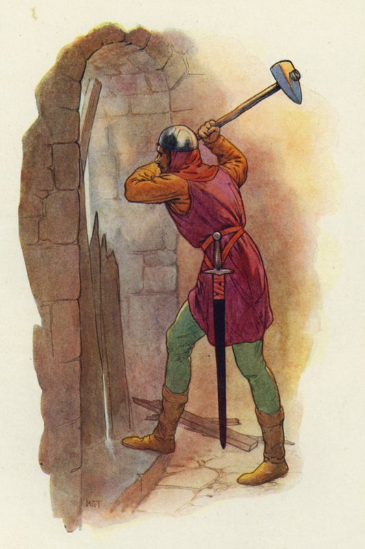 El martillo osciló de nuevo, y con un segundo golpe demoledor les abrió una salida (litografía en color) de Harry George Theaker
