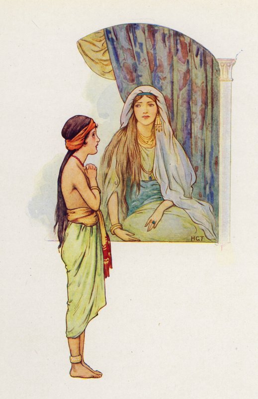 La criadita cautiva le dijo a su ama que había un profeta en Samaria que curaría a Naamán de su lepra (litografía en color). de Harry George Theaker
