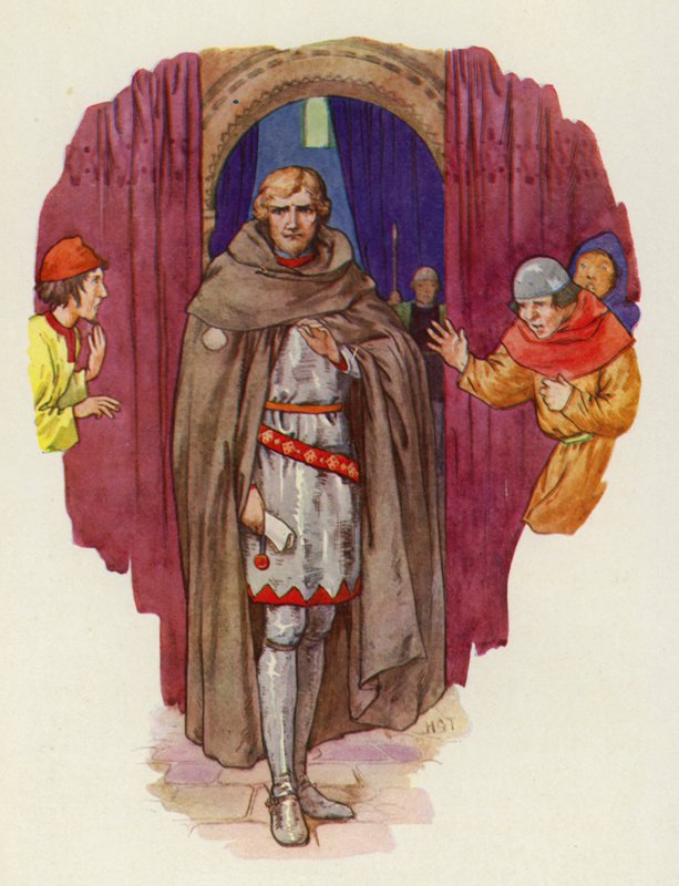 El palmer echó hacia atrás su capucha, y su túnica, abriéndose, le mostró en armadura completa (litografía en color) de Harry George Theaker