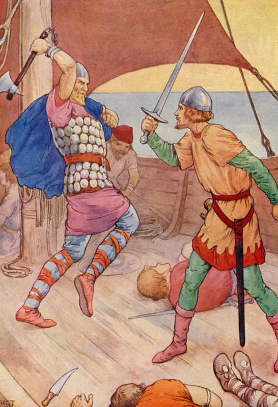 El jefe pirata saltó hacia Robin (litografía en color) de Harry George Theaker