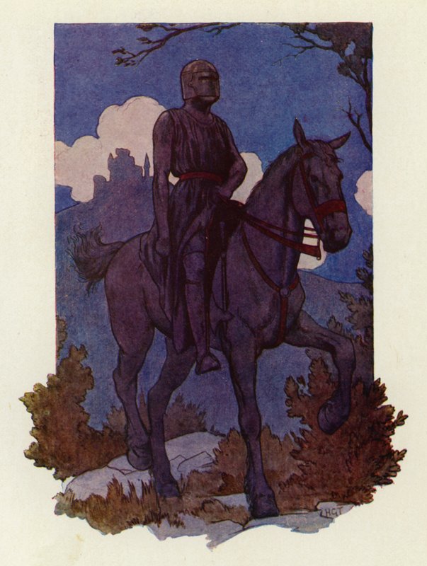 El extraño caballero vino hacia ellos, montado en un gran caballo negro y armado todo de negro (litografía en color) de Harry George Theaker