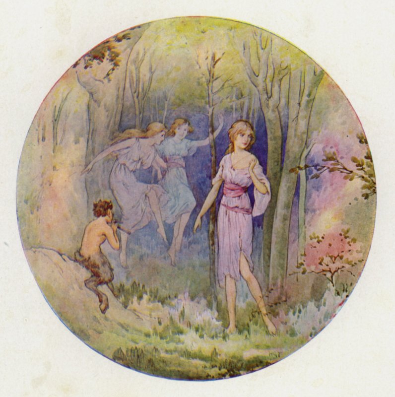 Las ninfas del bosque que bailaban a la luz del sol y de la luna (litografía en color) de Harry George Theaker