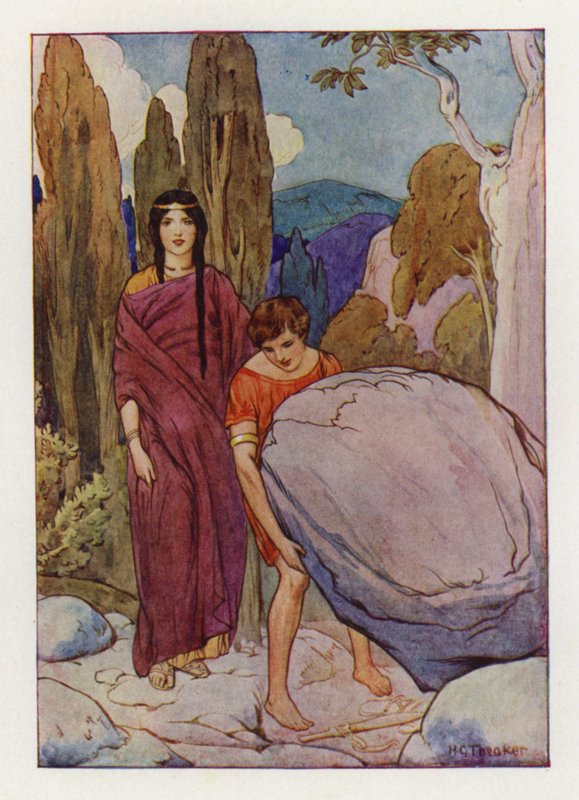 Teseo levantando la gran roca, bajo la cual yacían la espada y las sandalias (litografía en color) de Harry George Theaker