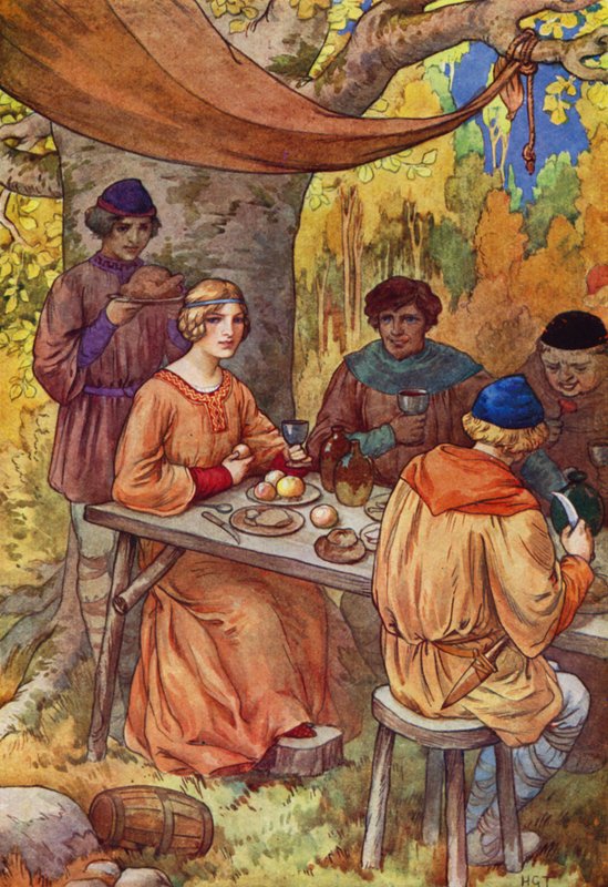 Se dieron un buen festín, con Marion para adornar su mesa (litografía en color) de Harry George Theaker
