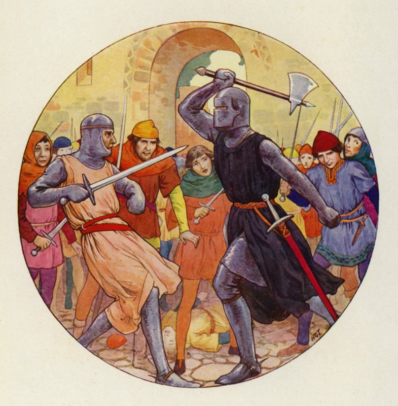 Tres veces empujó Isambart, y tres veces el empuje fue amplio (litografía en color) de Harry George Theaker