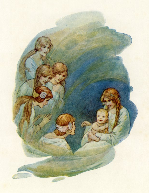 El pequeño Lancelot se despierta y sonríe (litografía en color) de Harry George Theaker
