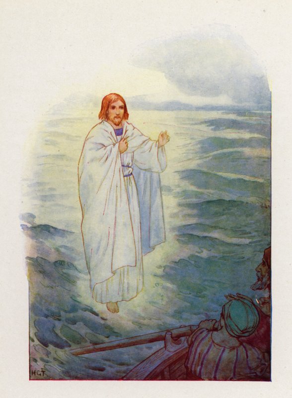 Caminando sobre el mar agitado, los pescadores vieron la figura de Jesús (litografía en color) de Harry George Theaker