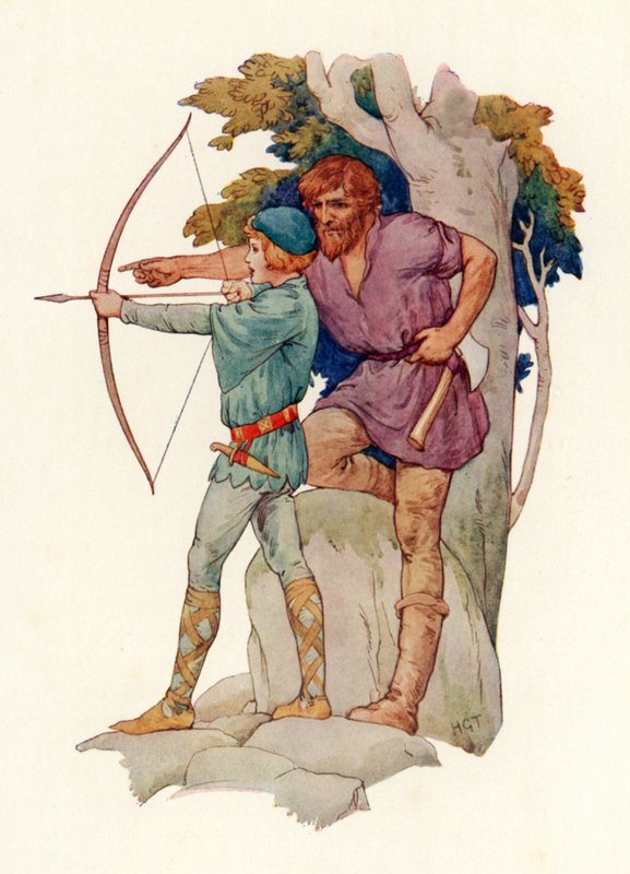 El leñador enseña a Lancelot a tirar con arco (litografía en color) de Harry George Theaker