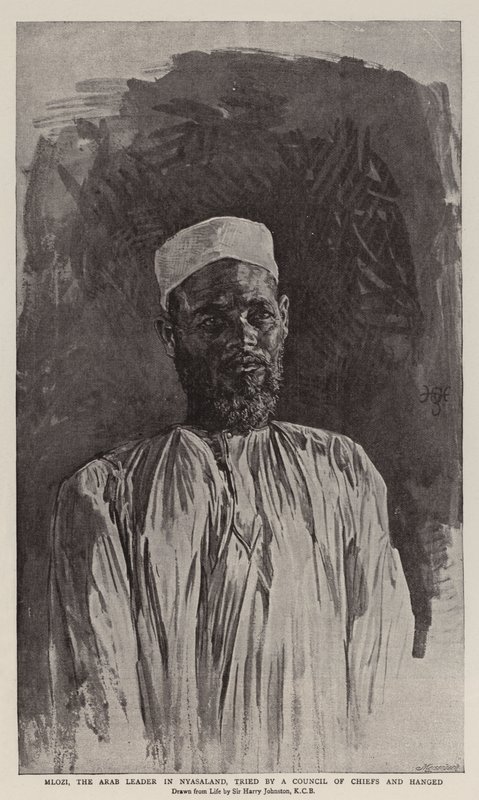Mlozi, el líder árabe en Nyasaland, juzgado por un consejo de jefes y ahorcado de Harry Hamilton Johnston