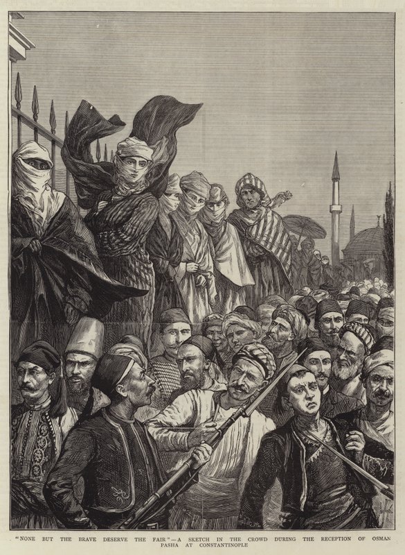 Solo los valientes merecen a la bella, un boceto en la multitud durante la recepción de Osman Pasha en Constantinopla de Harry Hamilton Johnston