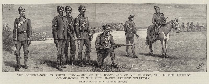 Los disturbios en Sudáfrica, hombres de la guardia del cuerpo del Sr. Osborne, el comisionado residente británico en el territorio de la reserva nativa zulú de Harry Hamilton Johnston