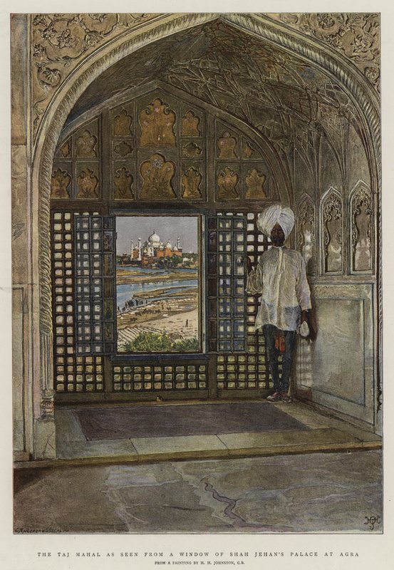 El Taj Mahal visto desde una ventana del Palacio de Shah Jehan en Agra de Harry Hamilton Johnston