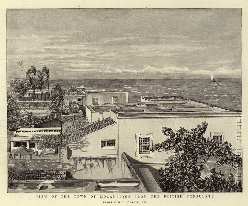 Vista de la ciudad de Mozambique desde el consulado británico de Harry Hamilton Johnston