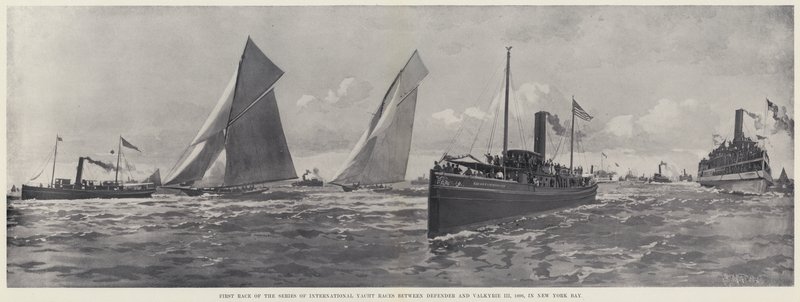 Primera carrera de la serie de regatas internacionales entre Defender y Valkyrie III de Harry M. Pettit