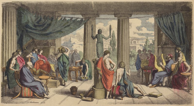 Una corte real en la Antigua Grecia (grabado coloreado) de Heinrich Leutemann