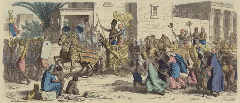 Un faraón egipcio antiguo partiendo a la guerra (grabado coloreado) de Heinrich Leutemann