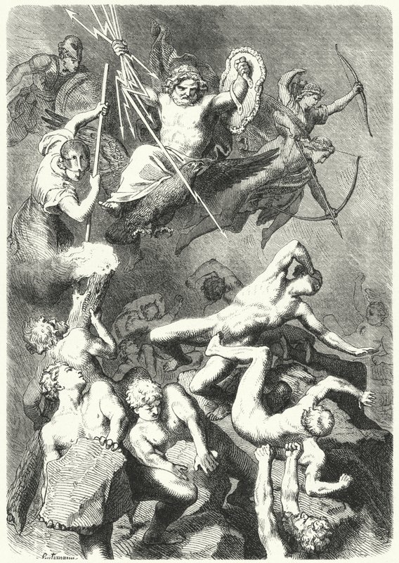 Batalla entre los dioses griegos antiguos y los titanes (grabado) de Heinrich Leutemann