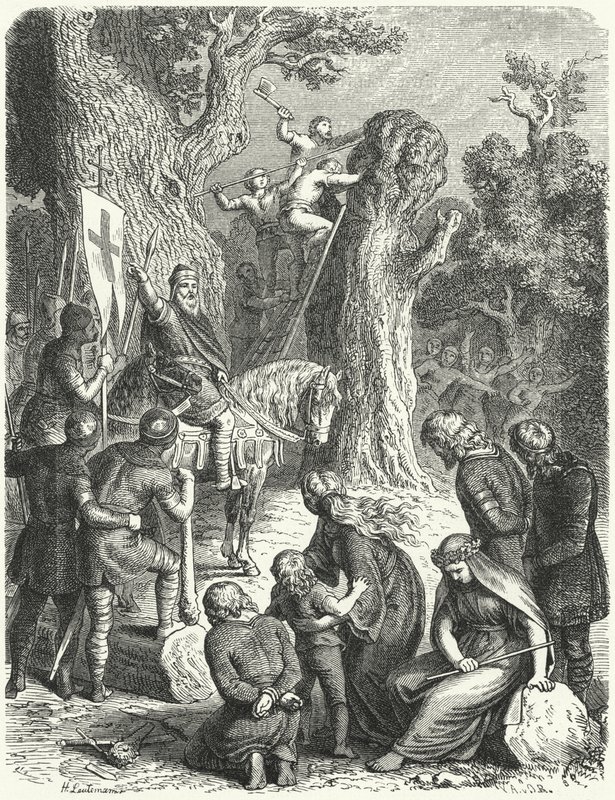 Carlomagno ordena la tala del Irmensaule, árbol sagrado de los sajones, 772 (grabado) de Heinrich Leutemann