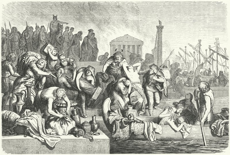Partida de una flota vándala cargada de botín de una ciudad saqueada (grabado) de Heinrich Leutemann