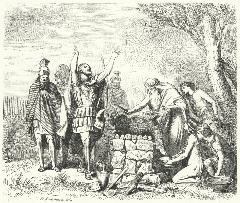 Pausanias haciendo un sacrificio a los dioses antes de la Batalla de Platea, 479 a.C. (grabado) de Heinrich Leutemann
