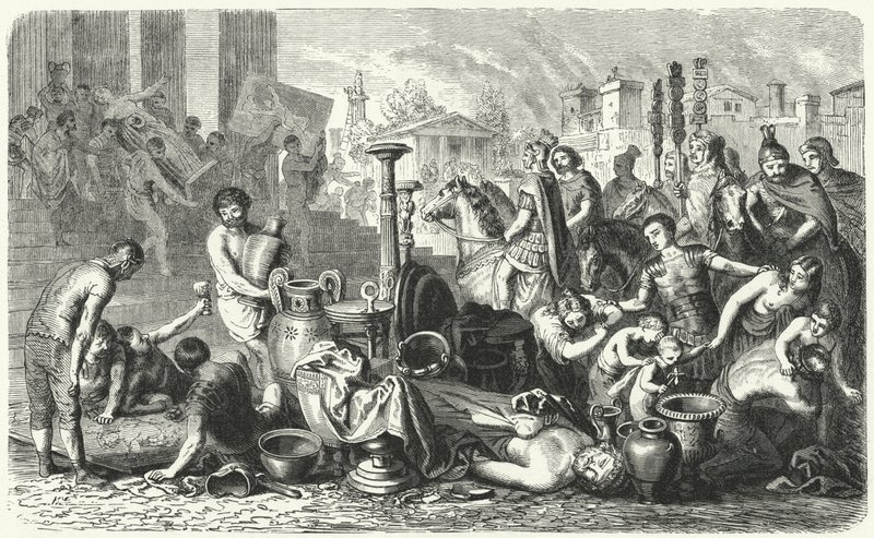 Los romanos llevándose los tesoros artísticos de Grecia (grabado) de Heinrich Leutemann