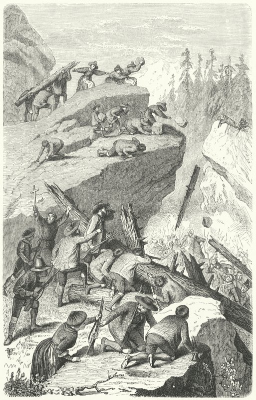 Rebeldes tiroleses luchando contra el ejército francés en la Batalla de Sachsenklemme de Heinrich Leutemann