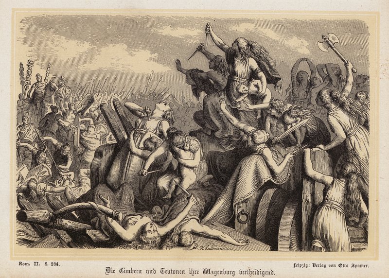 Mujeres de los cimbrios y teutones defendiendo su tren de bagajes contra los romanos (grabado) de Heinrich Leutemann