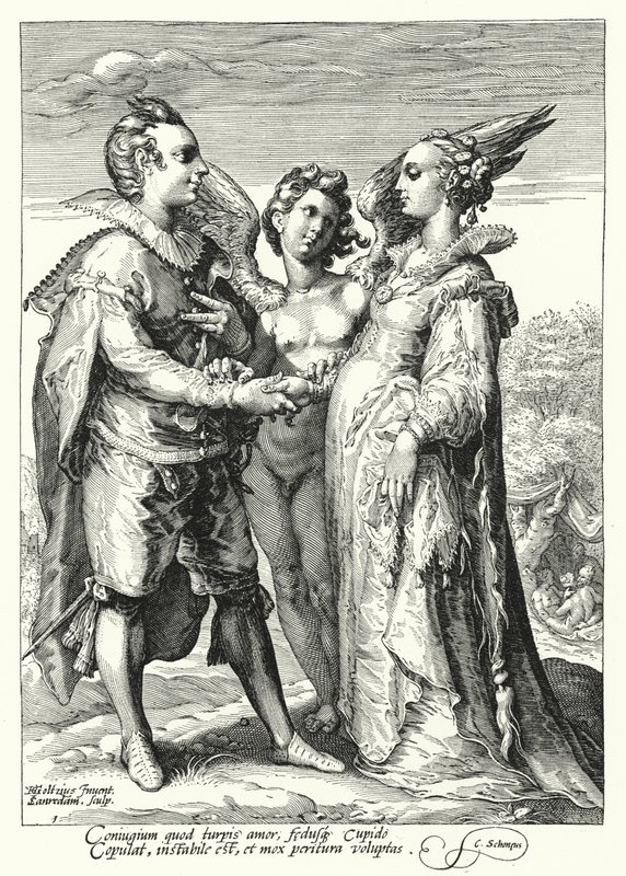 Matrimonio por amor oficiado por Cupido de Hendrik (after) Goltzius