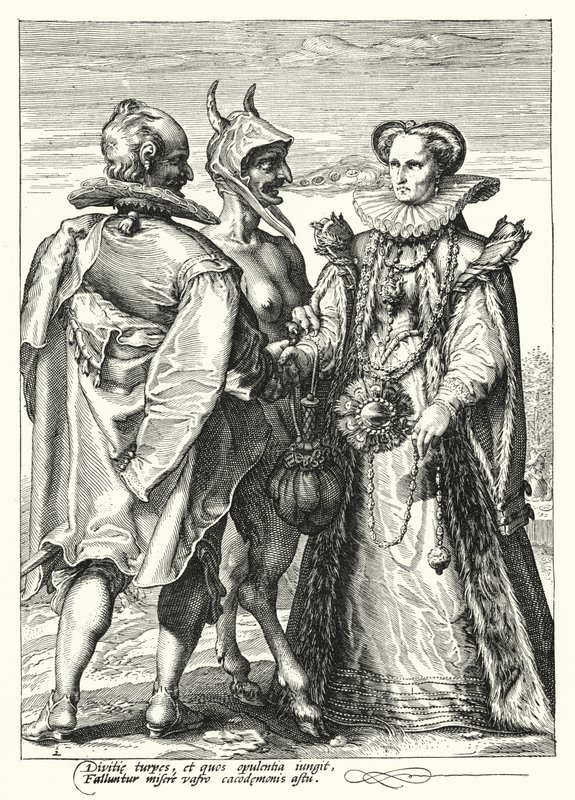 Matrimonio por riqueza oficiado por Satanás de Hendrik (after) Goltzius