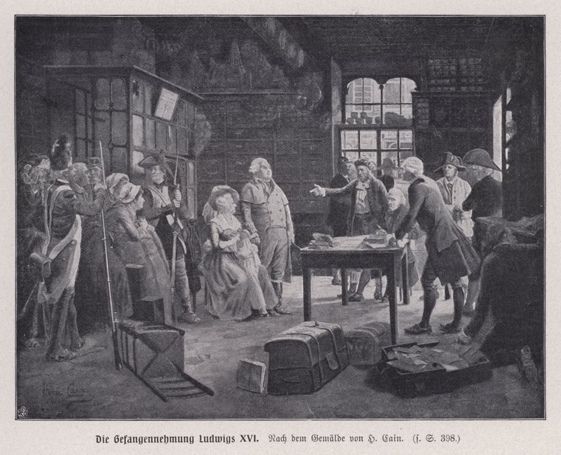 Arresto del Rey Luis XVI de Francia y su familia en Varennes mientras intentaban escapar después de la Revolución Francesa de Henri Cain
