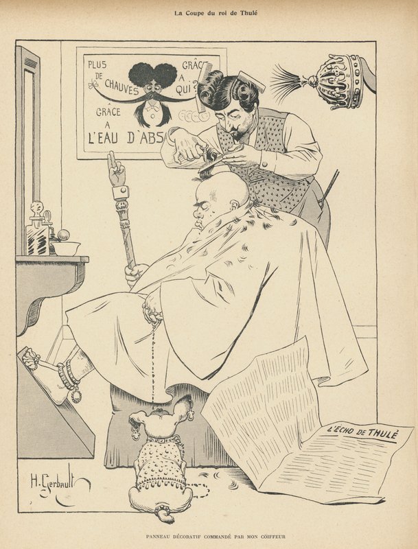 Corte de pelo del Rey de Thule: un hombre en la barbería (litografía) de Henri Gerbault