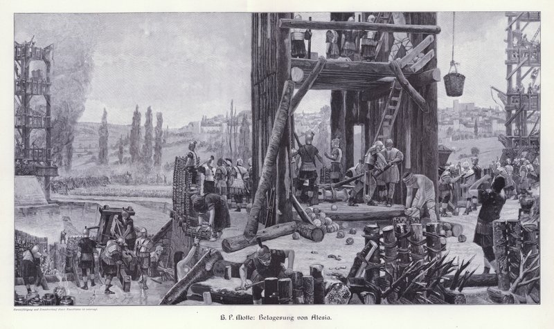 Sitio de Alesia, Galia, 52 a.C., Ilustración de Moderne Kunst in Meister-Holzschnitten (Richard Bong, Berlín, c. 1904) de Henri Paul (after) Motte