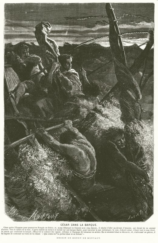Julio César, disfrazado de esclavo, revelando su identidad a la tripulación de un barco atrapado en una tormenta mientras cruzaba el mar Adriático, 48 a.C. de Henri de (after) Montaut