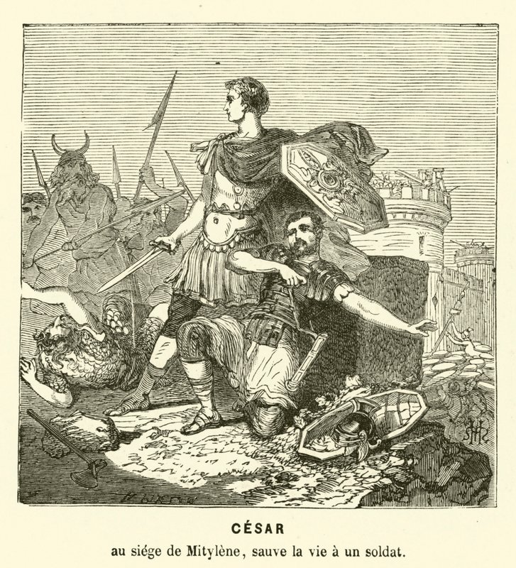 Julio César salvando la vida de un soldado en el sitio de Mitilene, Lesbos, Grecia, 81 a.C. de Henri de (after) Montaut
