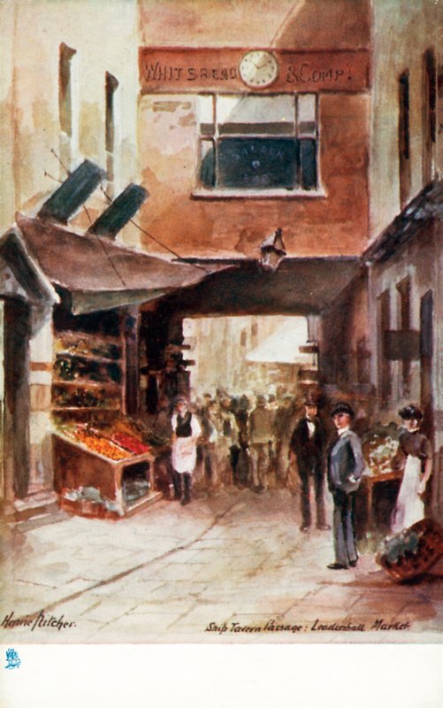 Londres antiguo: Ship Tavern Passage, Leadenhall Market (litografía en color) de Henrie Pitcher