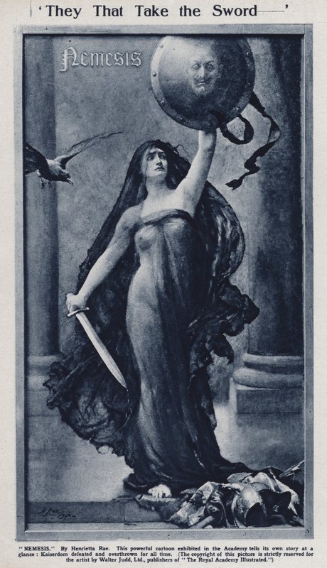 Némesis, caricatura sobre la derrota del káiser Guillermo II y Alemania en la Primera Guerra Mundial exhibida en la Real Academia de Henrietta (after) Rae