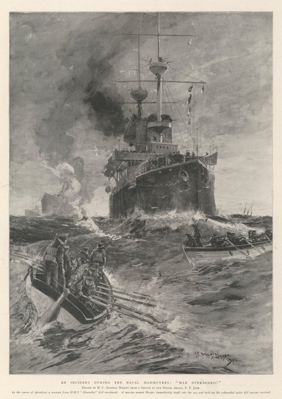 Un incidente durante las maniobras navales, ¡Hombre al agua! de Henry Charles Seppings Wright