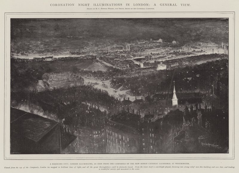 Iluminaciones de la noche de coronación en Londres, una vista general, una ciudad de regocijo, Londres iluminado, visto desde el campanario de la nueva catedral católica romana en Westminster de Henry Charles Seppings Wright