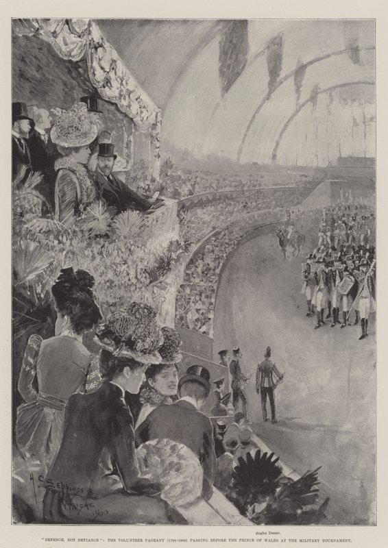 Defensa, no Desafío, el Desfile de Voluntarios (1798-1900) pasando ante el Príncipe de Gales en el Torneo Militar de Henry Charles Seppings Wright